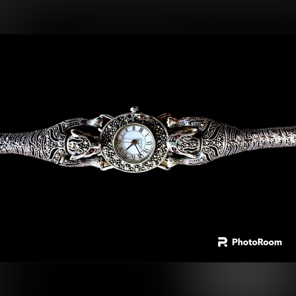 Sterling silver marcasite topaz eyes bendable leopard panther unique tiger watch - Picture 4 of 8
